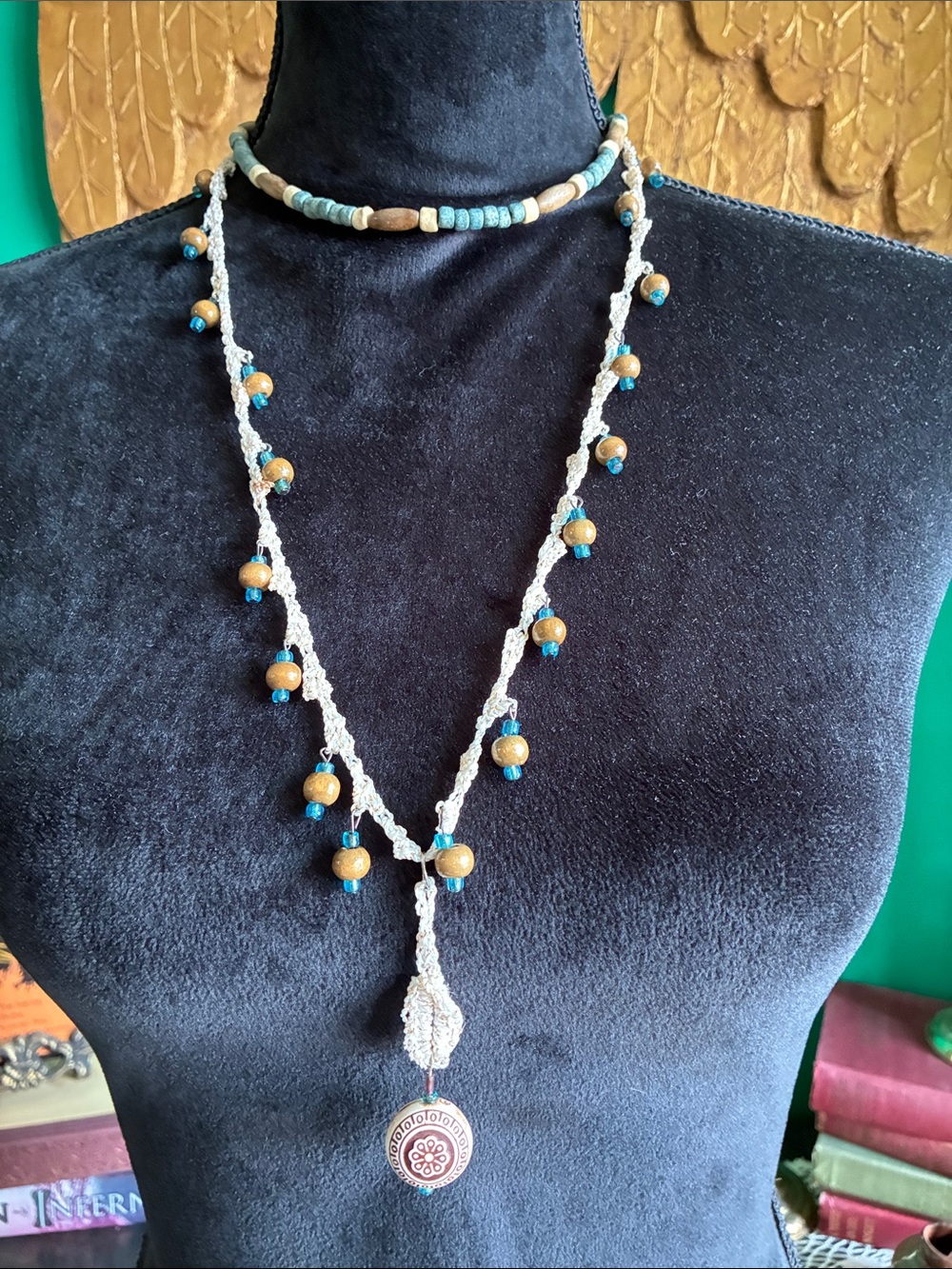 Hand crocheted cream brown and blue beads long necklace & choker set boho chic